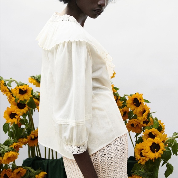 ZARA - Embroidered Ruffle Collared Long Sleeve Blouse in Ivory (NWT) - Size : S - Picture 3 of 14